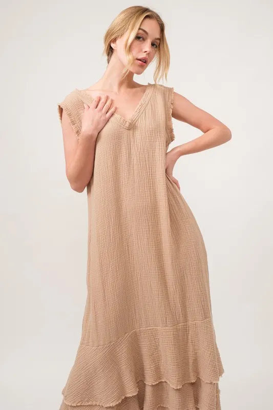 And The Why Washed Cotton Gauze Fringe Detail Tiered Dress - Velora Luxury Fashion