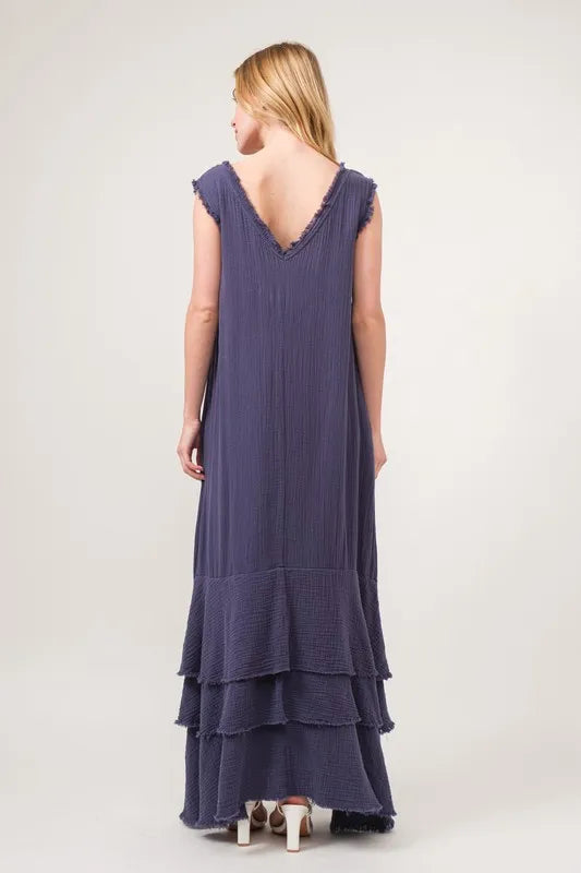 And The Why Washed Cotton Gauze Fringe Detail Tiered Dress - Velora Luxury Fashion