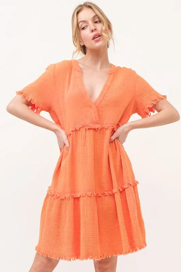 And The Why Washed Frayed Detail Tiered Dress - Velora Luxury Fashion