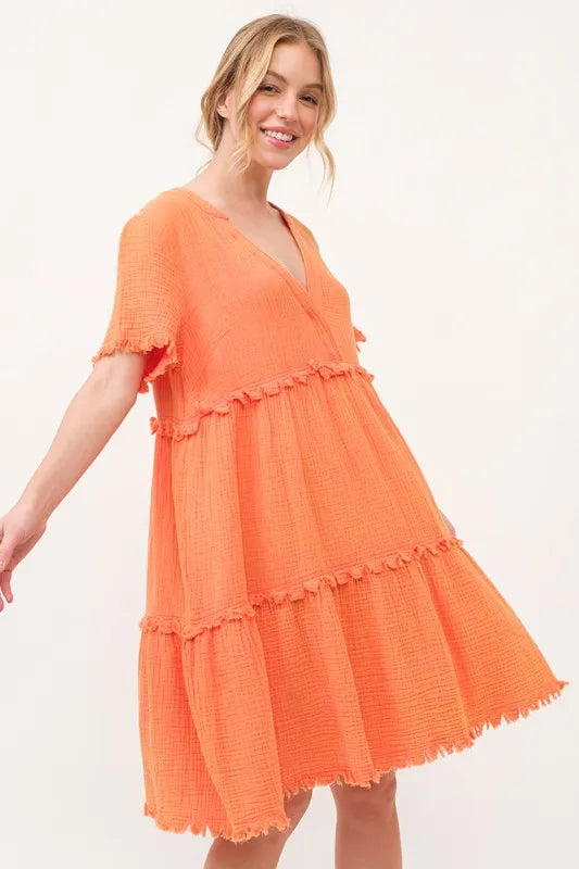 And The Why Washed Frayed Detail Tiered Dress - Velora Luxury Fashion
