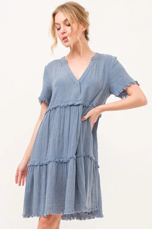 And The Why Washed Frayed Detail Tiered Dress - Velora Luxury Fashion