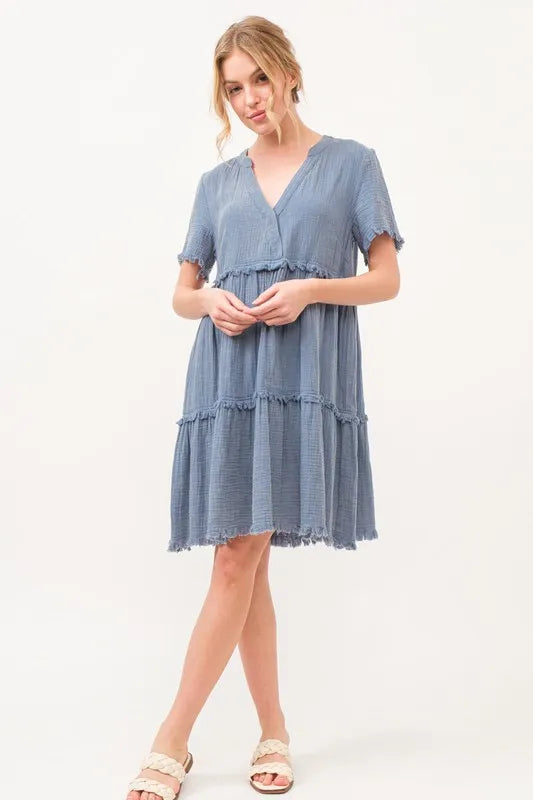 And The Why Washed Frayed Detail Tiered Dress - Velora Luxury Fashion