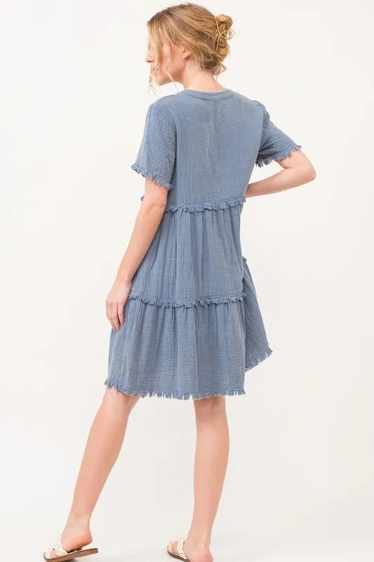 And The Why Washed Frayed Detail Tiered Dress - Velora Luxury Fashion