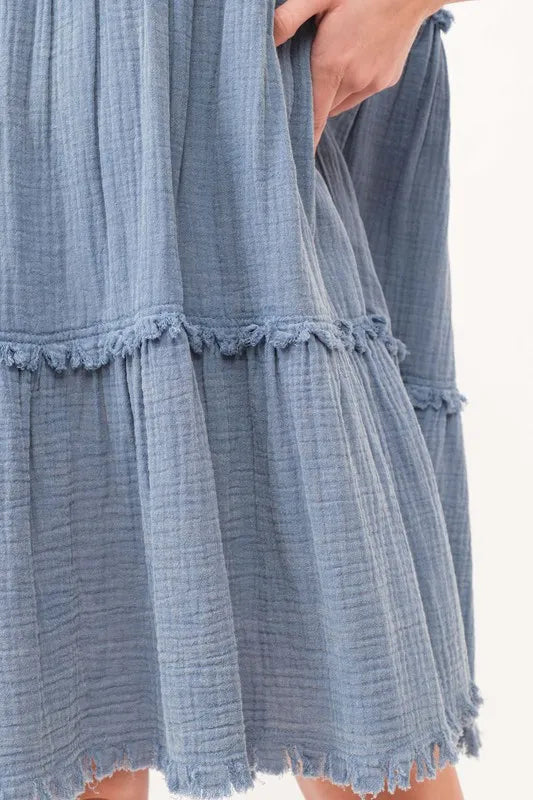 And The Why Washed Frayed Detail Tiered Dress - Velora Luxury Fashion