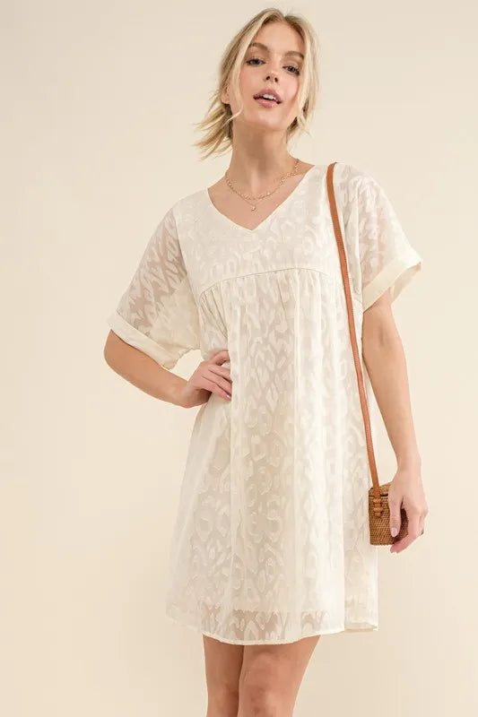 And The Why Woven Leopard Baby Doll Roll-Sleeve Casual Dress - Velora Luxury Fashion