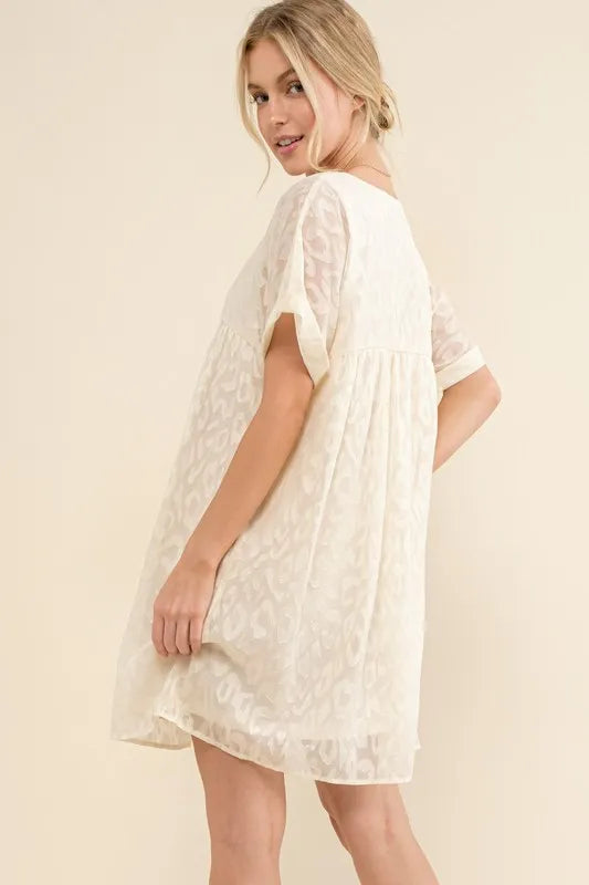 And The Why Woven Leopard Baby Doll Roll-Sleeve Casual Dress - Velora Luxury Fashion