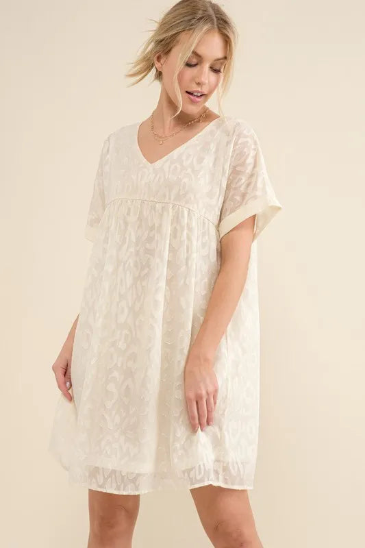 And The Why Woven Leopard Baby Doll Roll-Sleeve Casual Dress - Velora Luxury Fashion