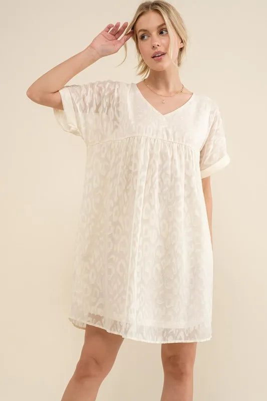 And The Why Woven Leopard Baby Doll Roll-Sleeve Casual Dress - Velora Luxury Fashion