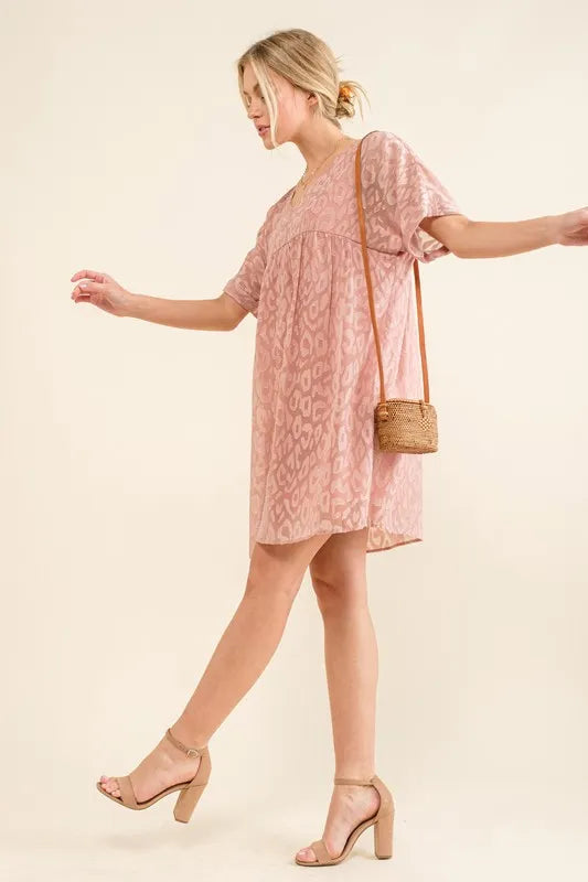 And The Why Woven Leopard Baby Doll Roll-Sleeve Casual Dress - Velora Luxury Fashion