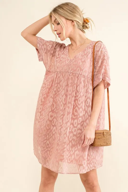 And The Why Woven Leopard Baby Doll Roll-Sleeve Casual Dress - Velora Luxury Fashion