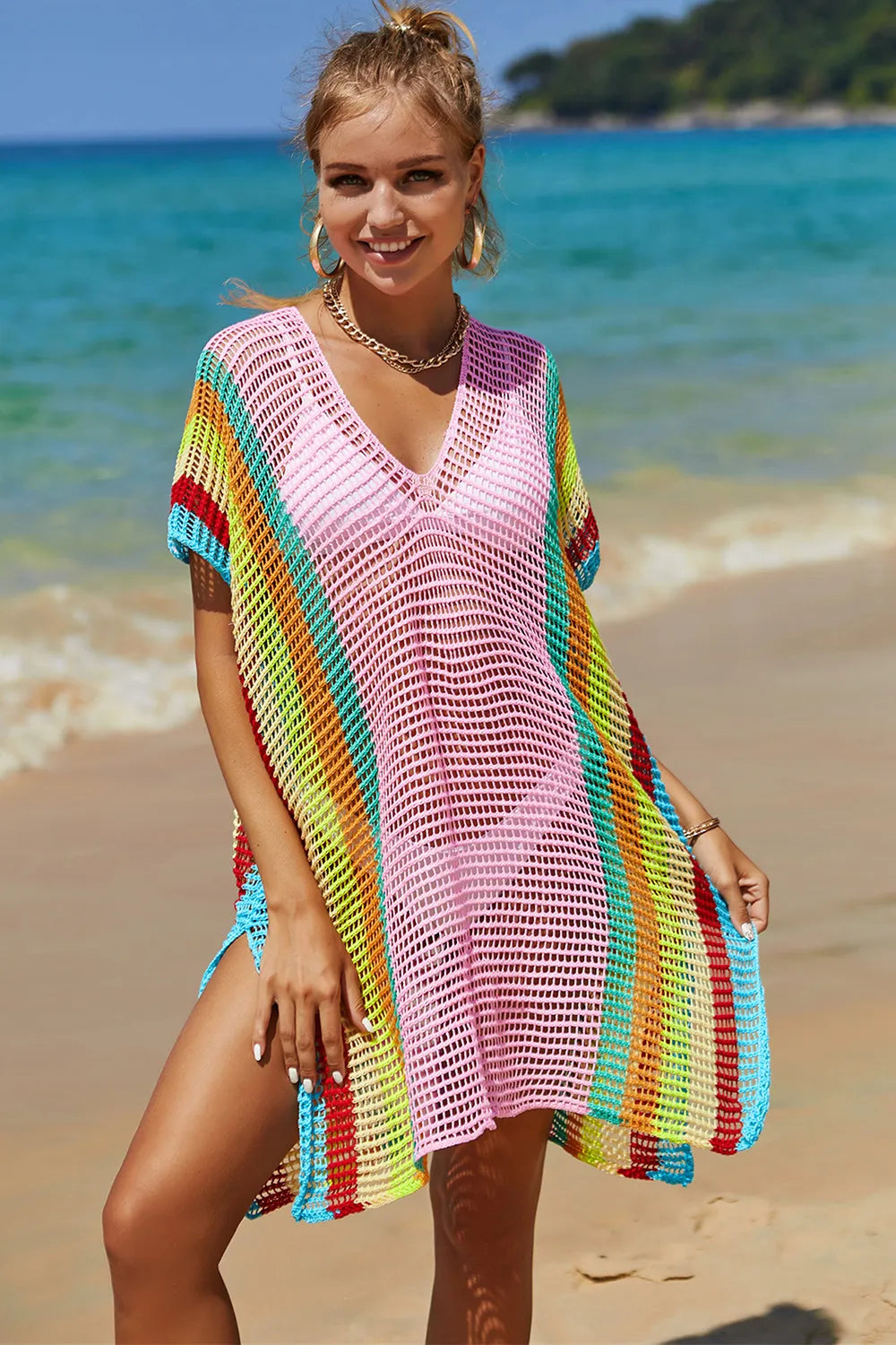 Angel Wings Openwork Striped Slit Knit Cover Up - Velora Luxury Fashion