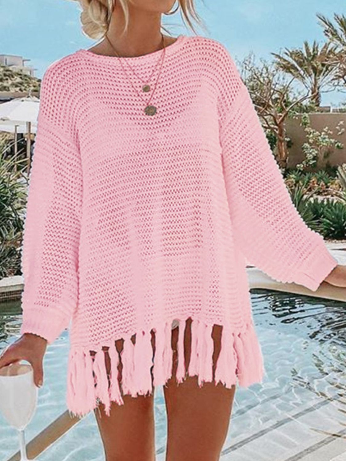 Angel Wings Openwork Tassel Hem Long Sleeve Knit Cover Up - Velora Luxury Fashion