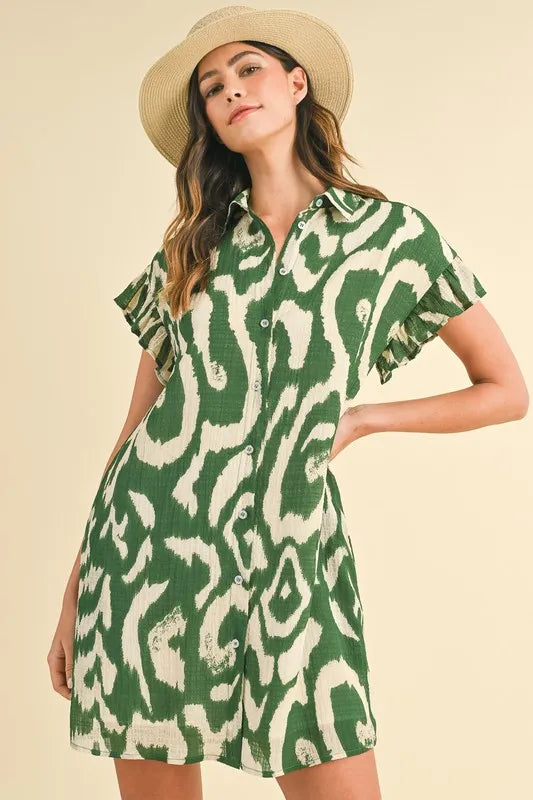 Annie Wear Abstract Printed Frill Sleeve Shirt Mini Dress - Velora Luxury Fashion