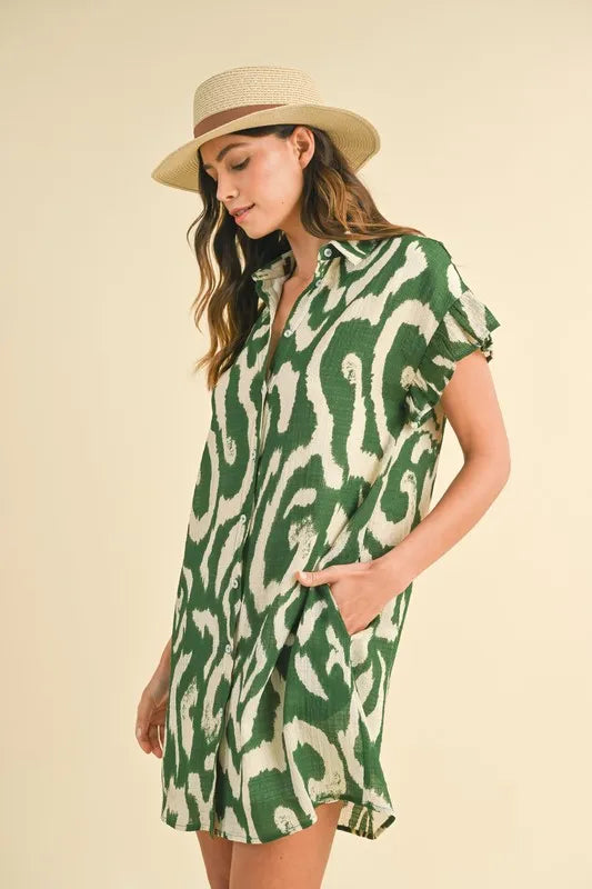Annie Wear Abstract Printed Frill Sleeve Shirt Mini Dress - Velora Luxury Fashion