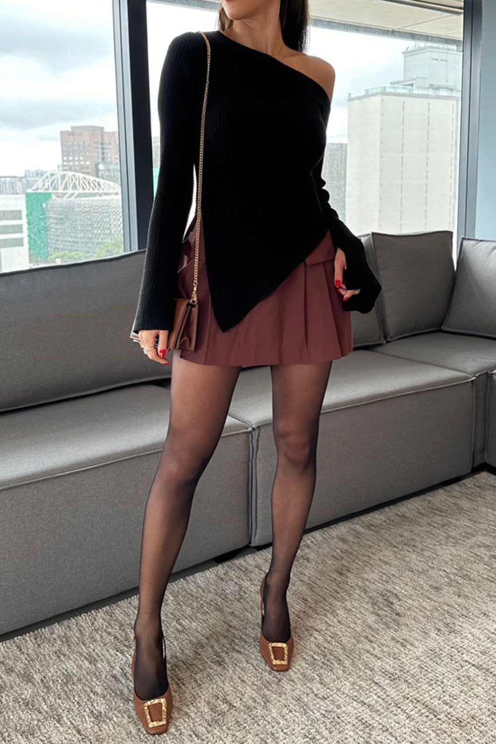 Asymmetric Hem Single Shoulder Sweater - Velora Luxury Fashion