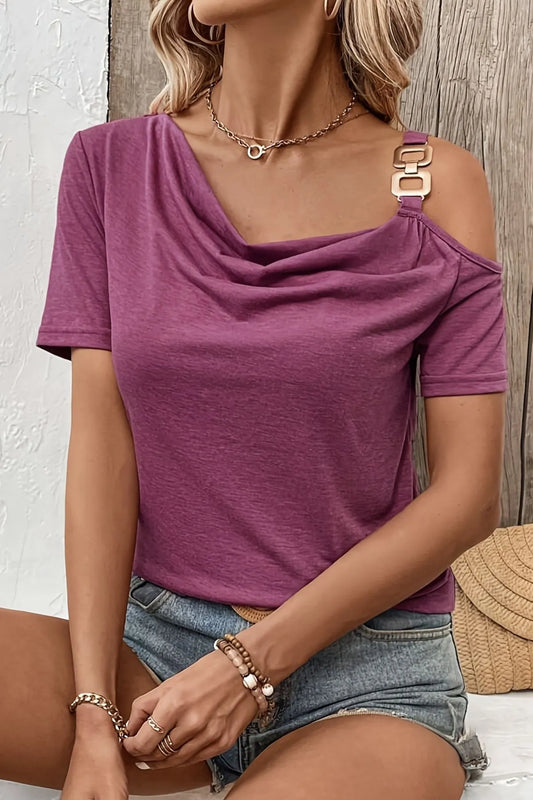 Asymmetric Shoulder T-Shirt with Metal Buckle Detail - Velora Luxury Fashion