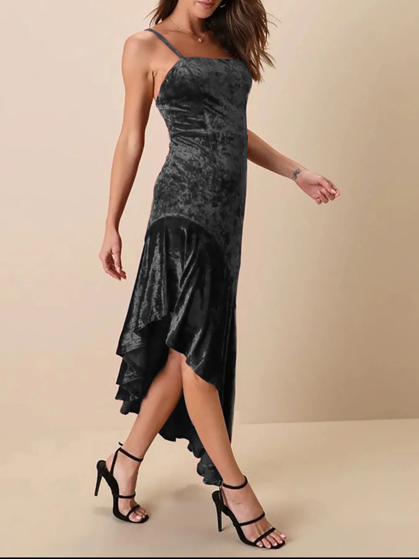 Asymmetrical Velvet Cami Dress with Ruffle Hem - Velora Luxury Fashion
