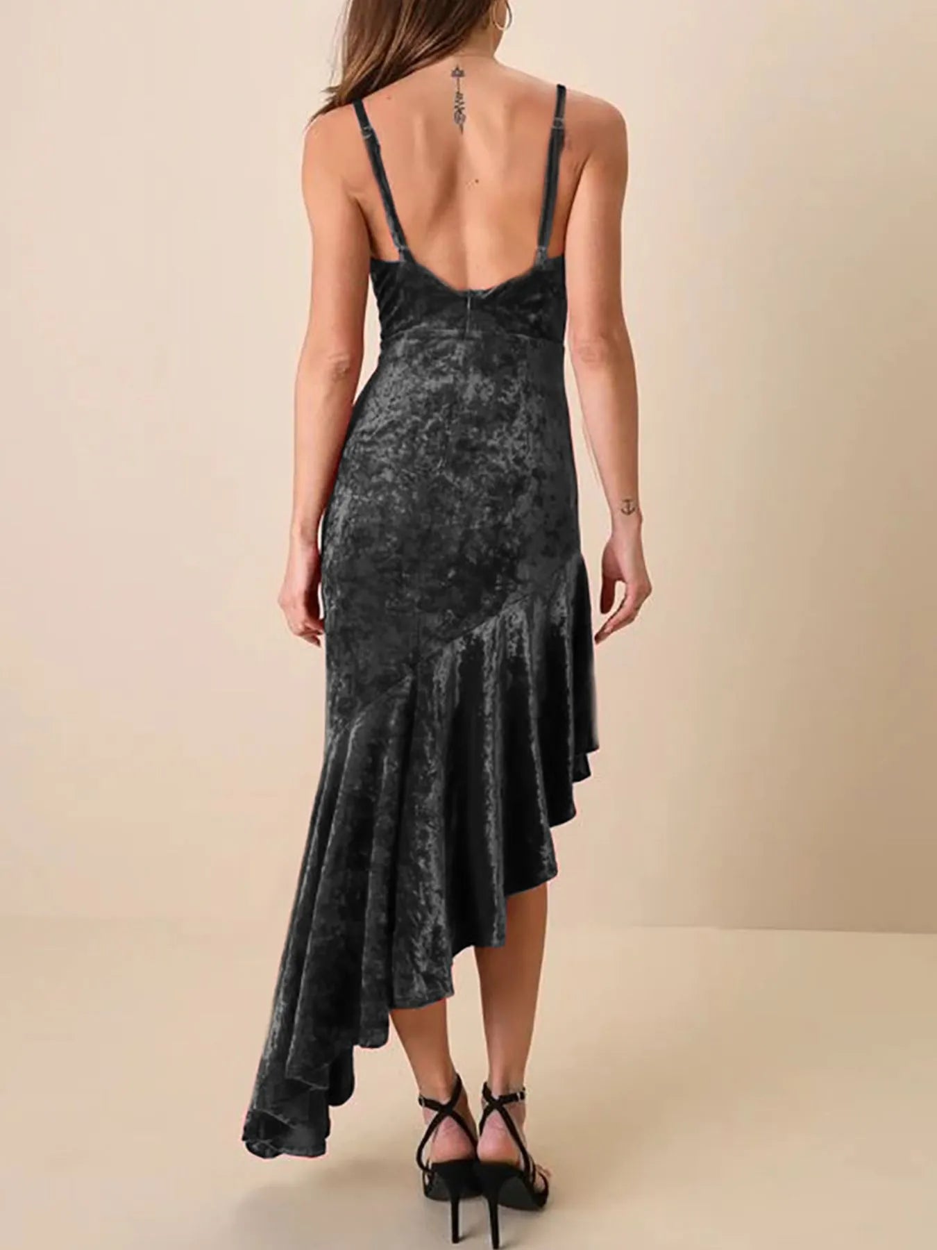 Asymmetrical Velvet Cami Dress with Ruffle Hem - Velora Luxury Fashion