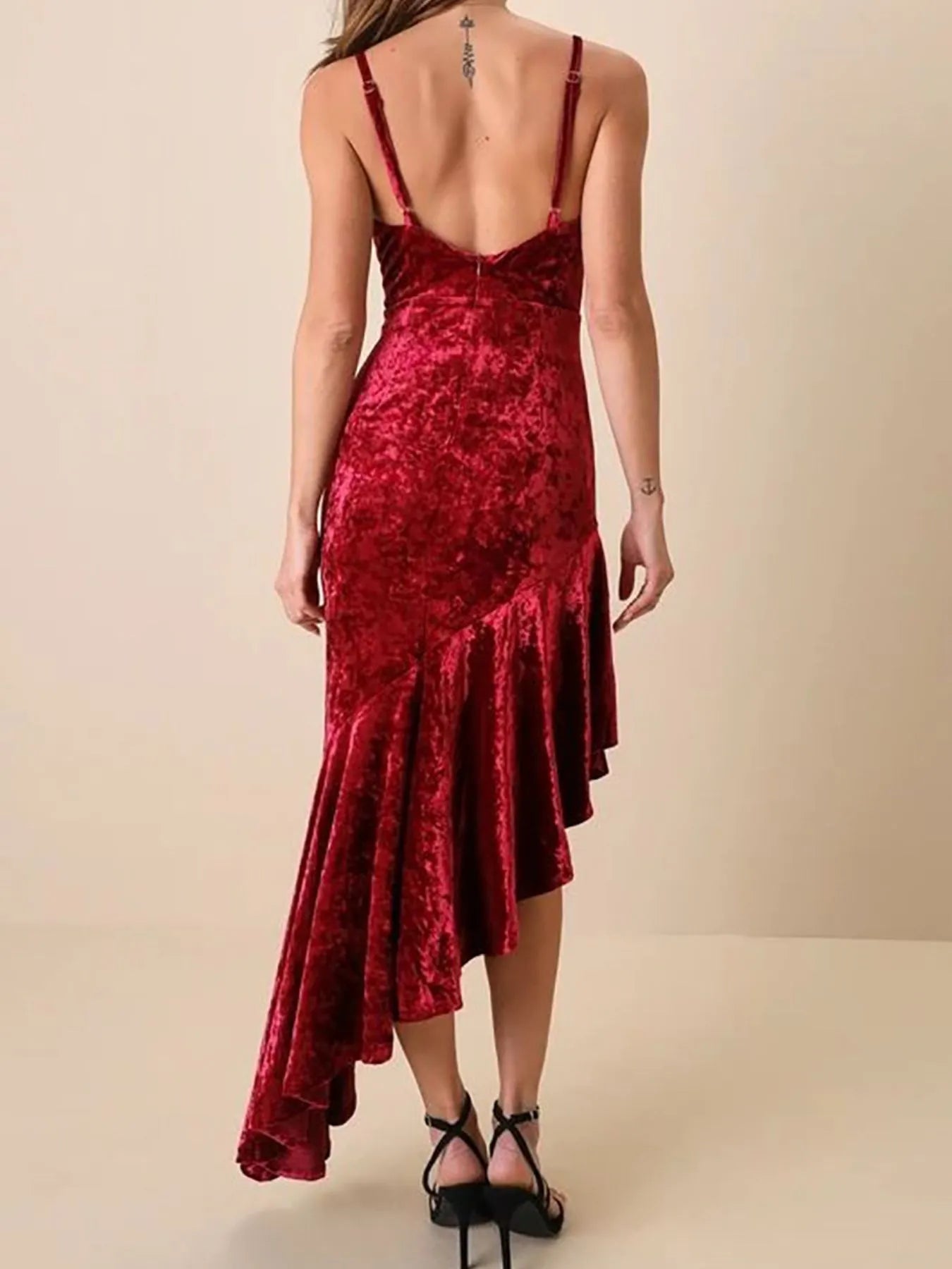 Asymmetrical Velvet Cami Dress with Ruffle Hem - Velora Luxury Fashion