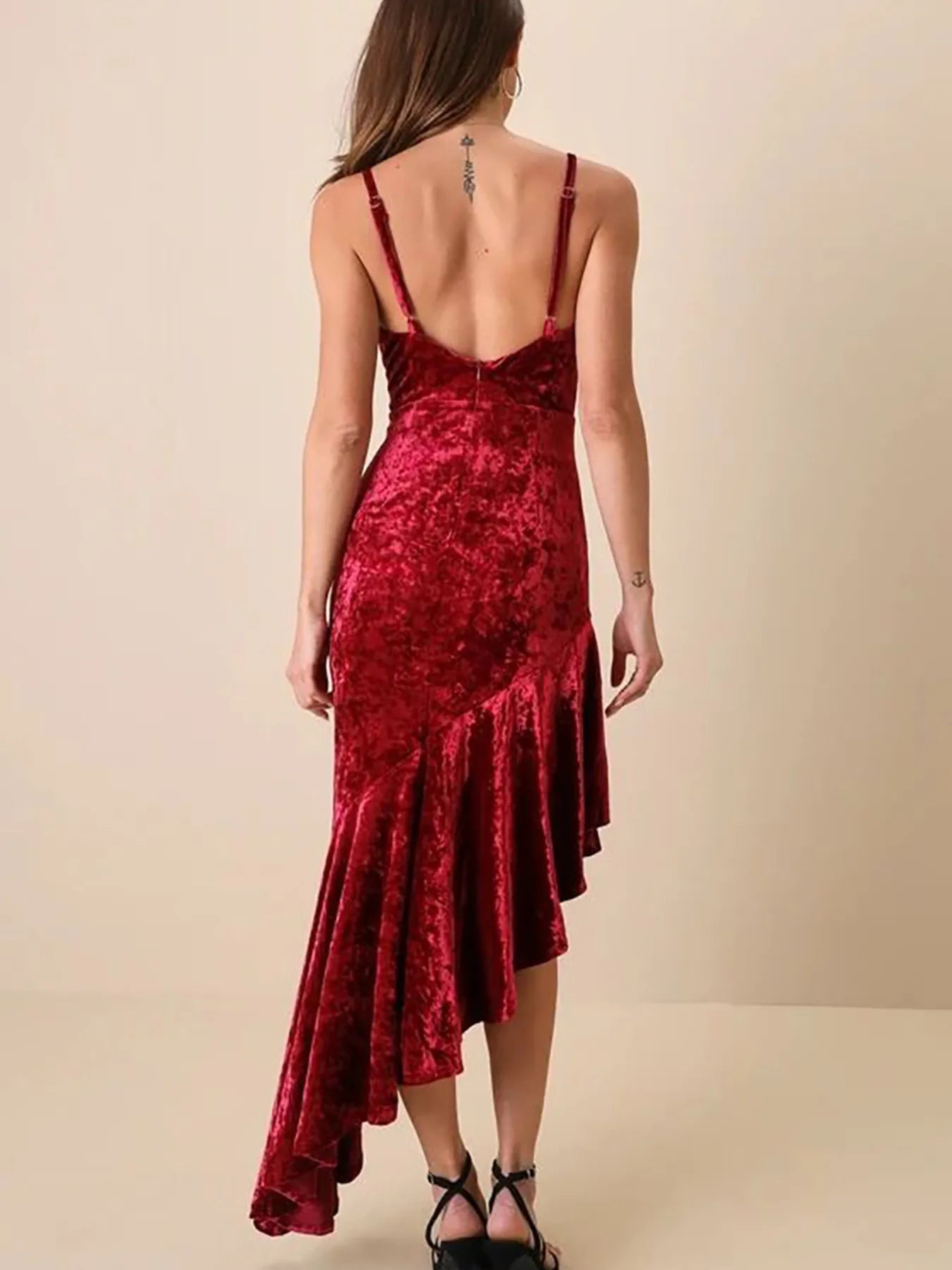 Asymmetrical Velvet Cami Dress with Ruffle Hem - Velora Luxury Fashion