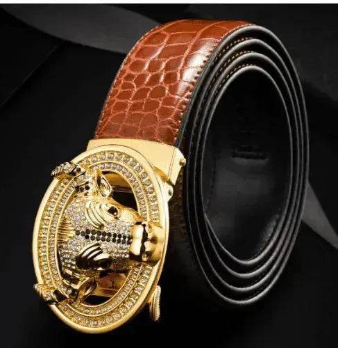 Automatic Buckle Leather With Diamond-studded Pattern Bull Head Belt - Velora