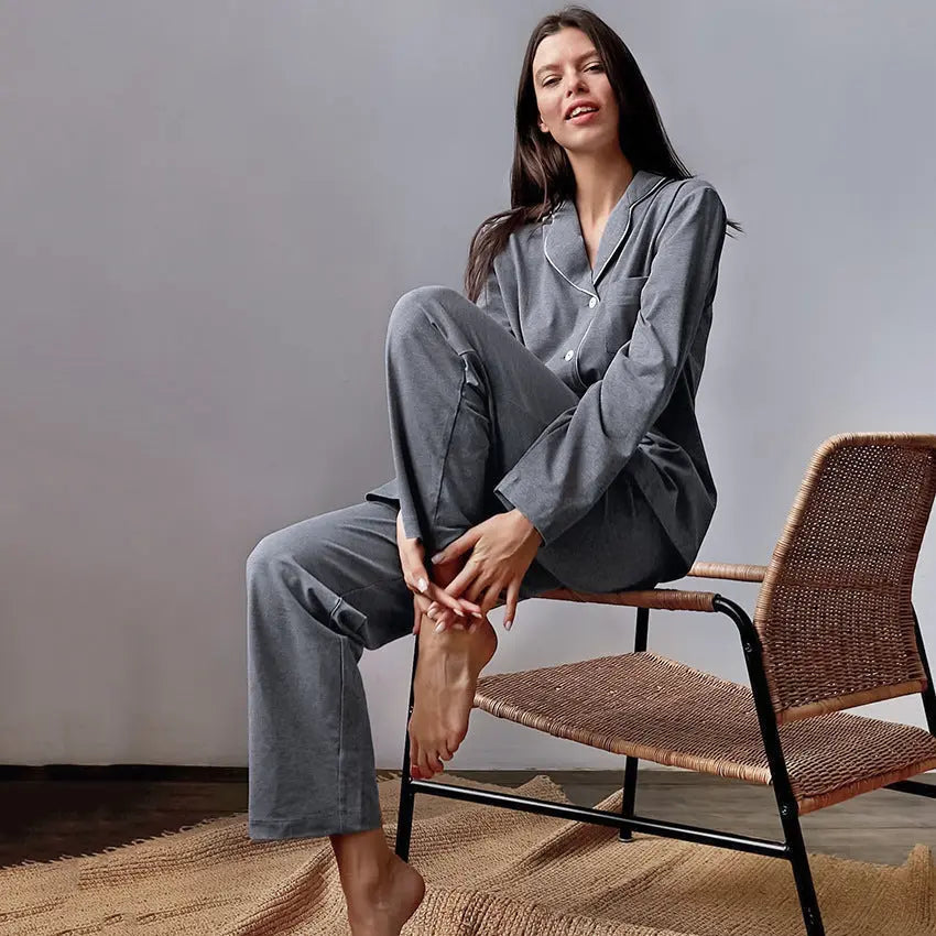 Autumn New French Simplicity Comfortable Thermal Knitting Cotton Silk Long-sleeved Pajamas For Women EX-STOCK Canada