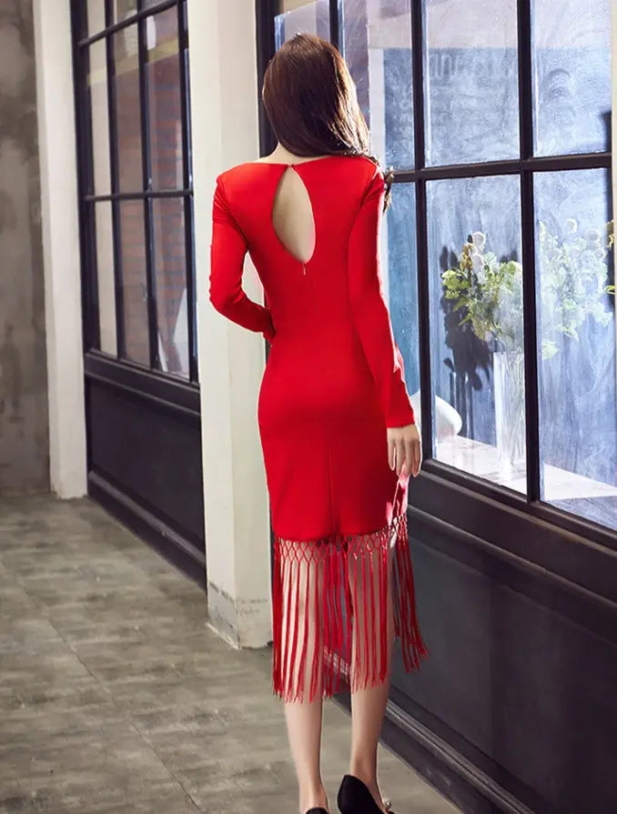 Autumn Dress – Slim Midi V-Neck Cotton Blend Dress with Tassels - Velora