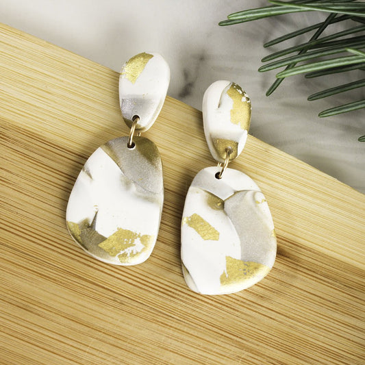 BLANCA Earrings.  White Polymer Clay Statement Earrings with gold leaf - Velora Luxury Fashion