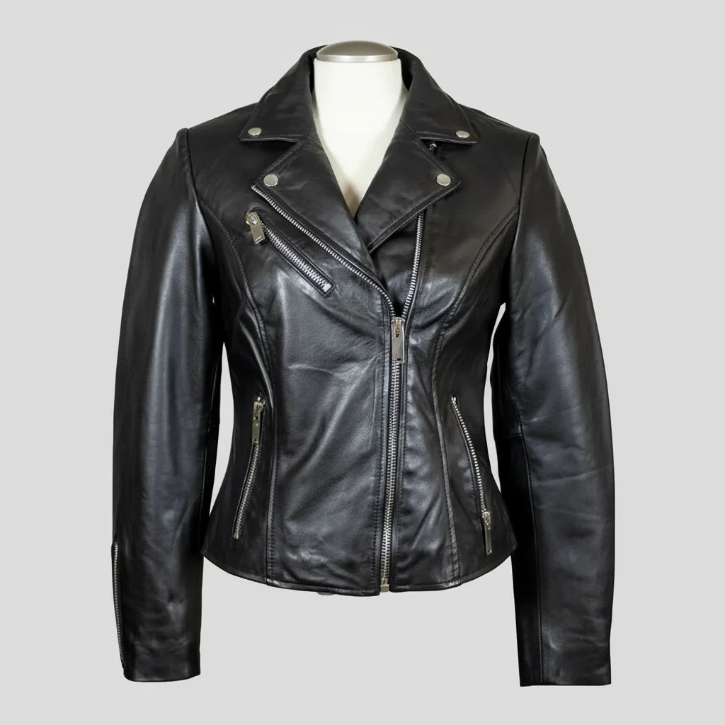 Women's Premium Lamb Leather Moto Jacket with Asymmetrical Zippers - Velora Luxury Fashion