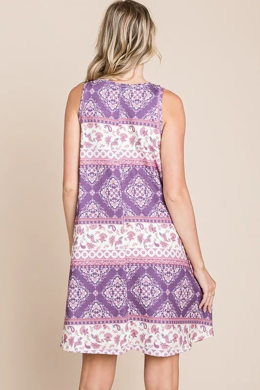 BOMBOM Bohemian Print Sleeveless Dress - Velora Luxury Fashion