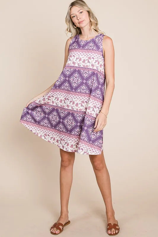 BOMBOM Bohemian Print Sleeveless Dress - Velora Luxury Fashion