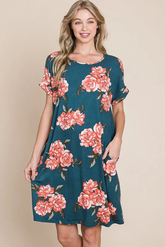 BOMBOM Floral Round Neck Short Tee Dress with Pockets - Velora Luxury Fashion