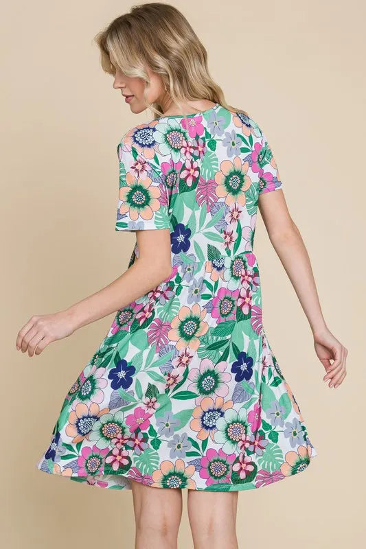 BOMBOM Ruched Floral V-Neck Short Sleeve Dress - Velora Luxury Fashion