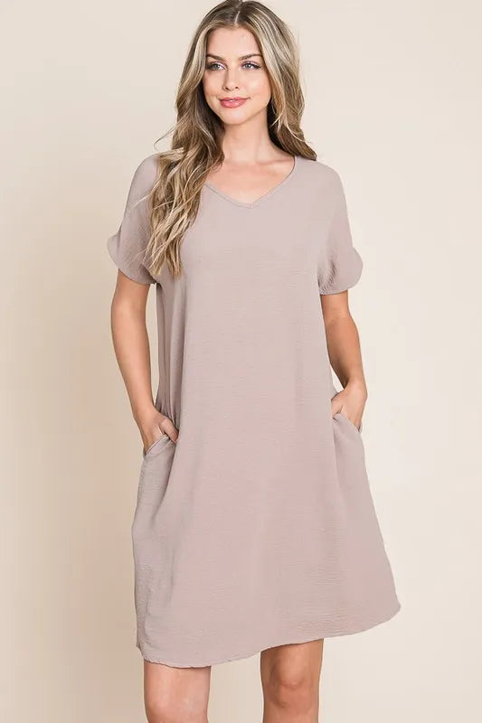 BOMBOM V-Neck Short Sleeve Dress with Pockets - Velora Luxury Fashion