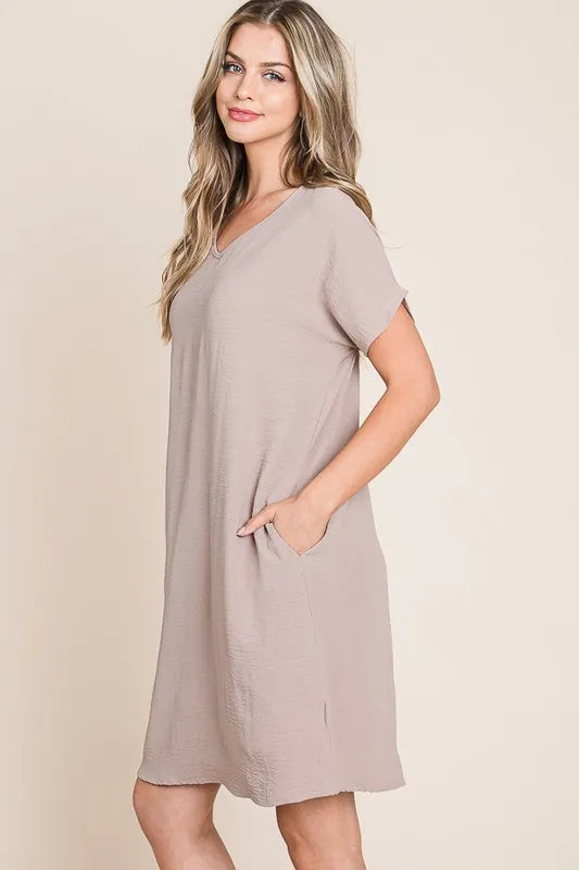 BOMBOM V-Neck Short Sleeve Dress with Pockets - Velora Luxury Fashion
