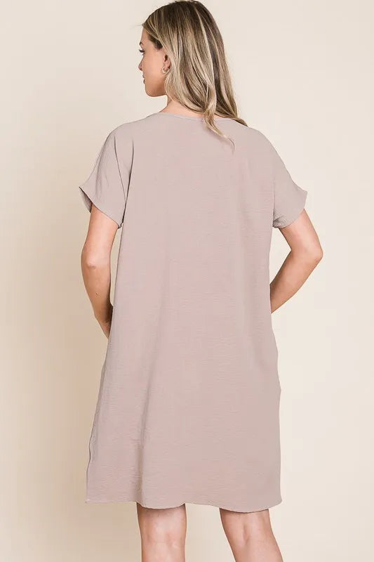 BOMBOM V-Neck Short Sleeve Dress with Pockets - Velora Luxury Fashion