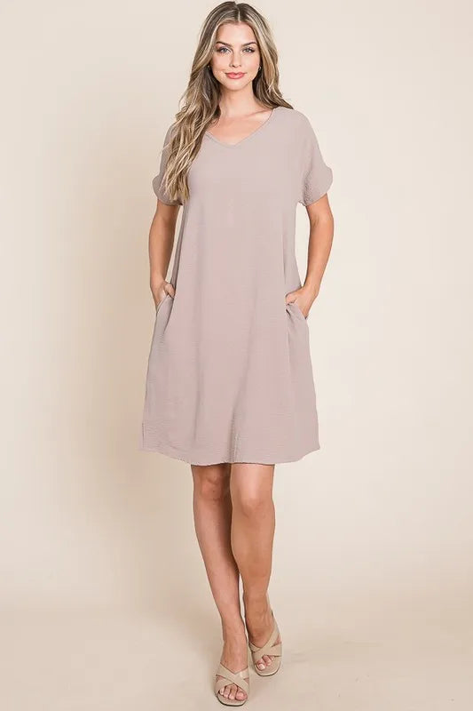 BOMBOM V-Neck Short Sleeve Dress with Pockets - Velora Luxury Fashion