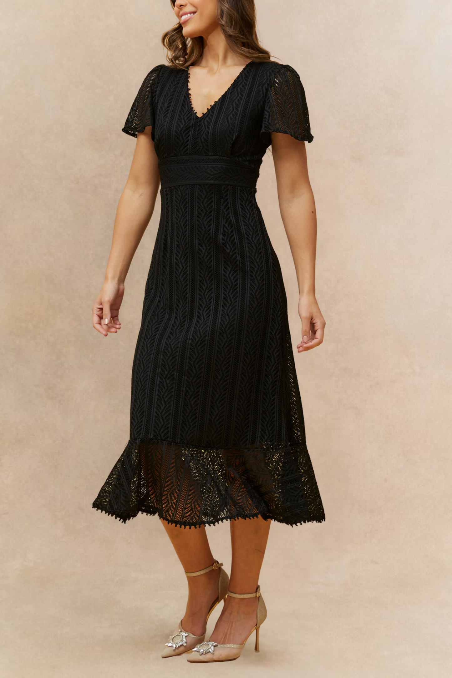 Bonnie Crochet Knit Midi Dress Lining Short Sleeves - Velora Luxury Fashion