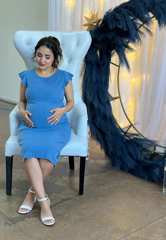 Baby Blue Ruffle Sleeve Ribbed Maternity Dress - Velora Luxury Fashion