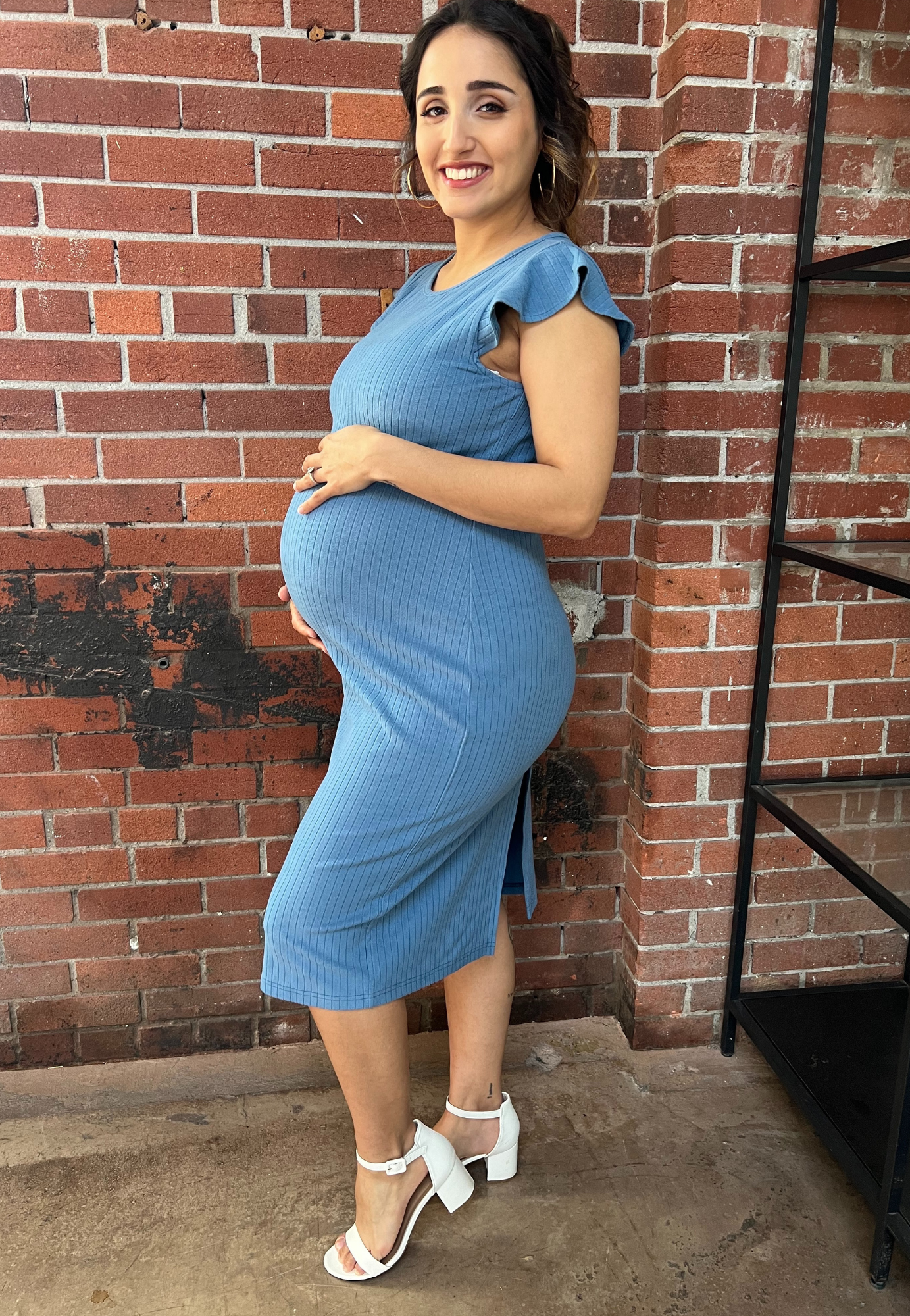 Baby Blue Ruffle Sleeve Ribbed Maternity Dress - Velora Luxury Fashion