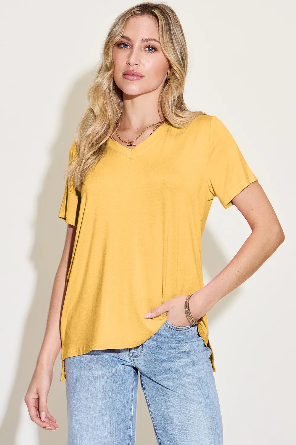 Basic Bae Bamboo Full Size V-Neck High-Low T-Shirt - Velora Luxury Fashion