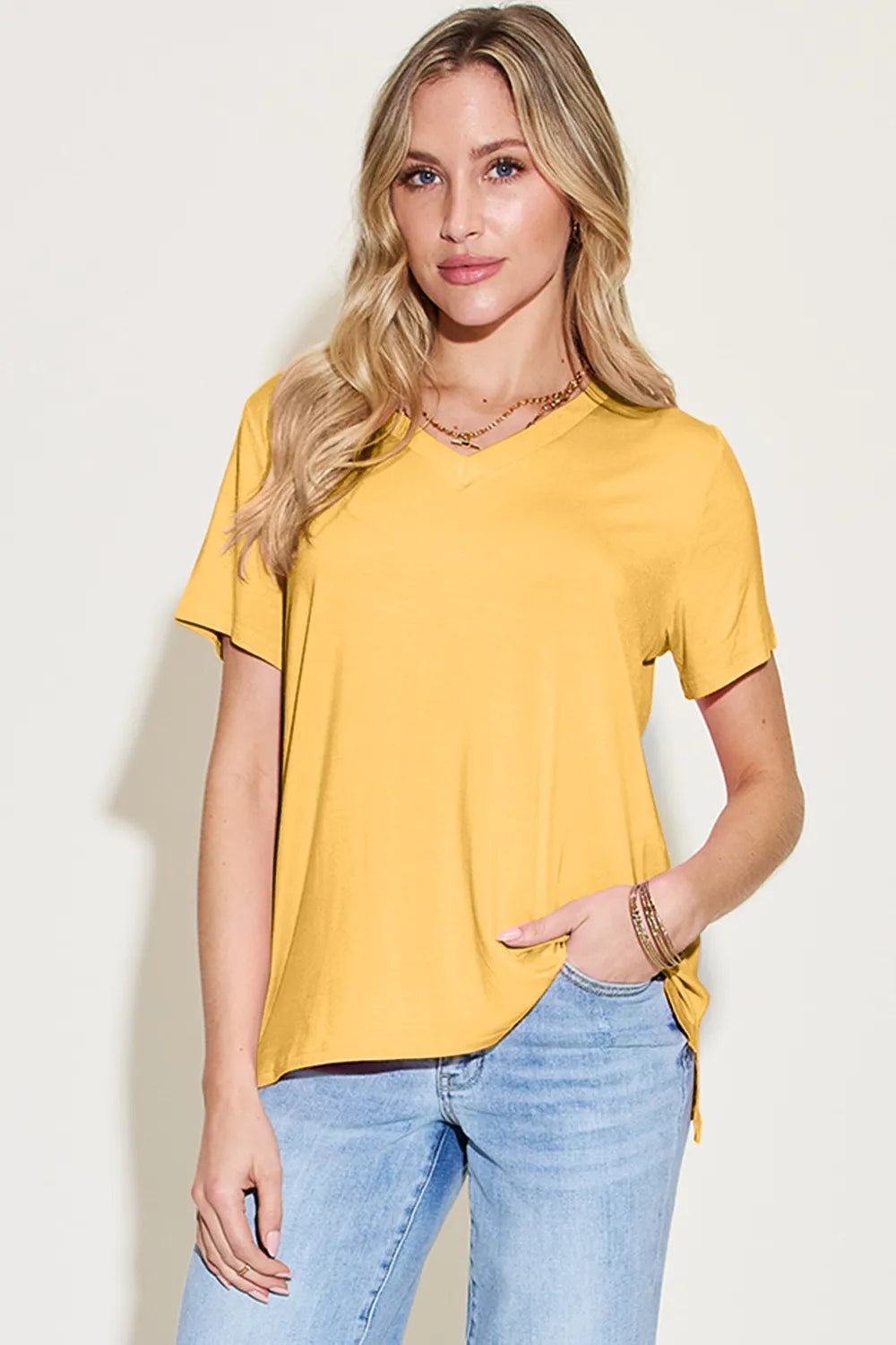 Basic Bae Bamboo Full Size V-Neck High-Low T-Shirt - Velora Luxury Fashion