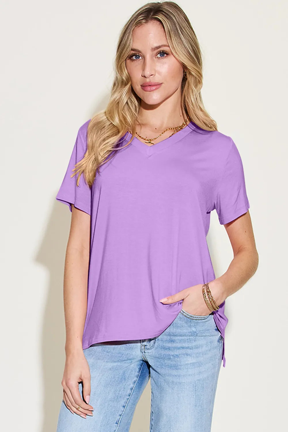 Basic Bae Bamboo Full Size V-Neck High-Low T-Shirt - Velora Luxury Fashion