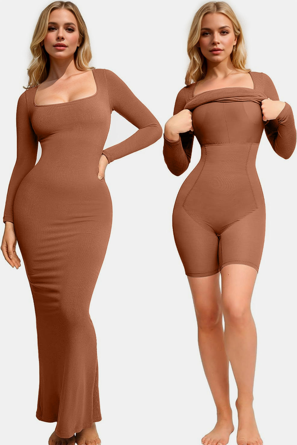 Basic Bae Built-In Shapewear Square Neck Long Sleeve Maxi Dress - Velora Luxury Fashion