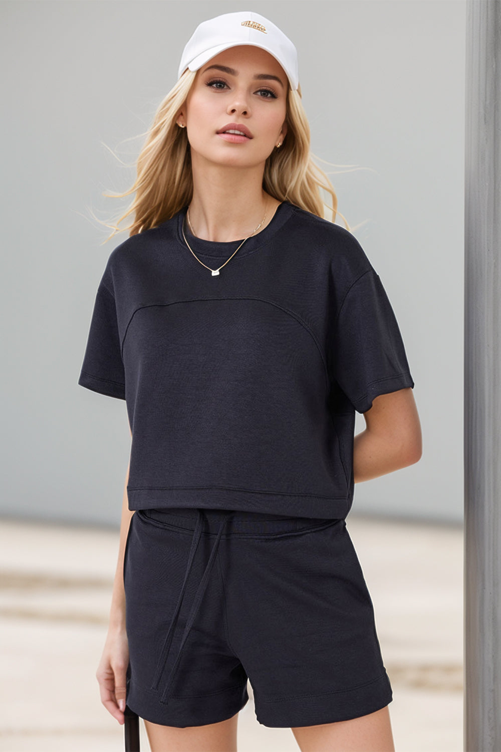 Basic Bae Drawstring Hem Air Scuba Round Neck Short Sleeve T-Shirt - Velora Luxury Fashion