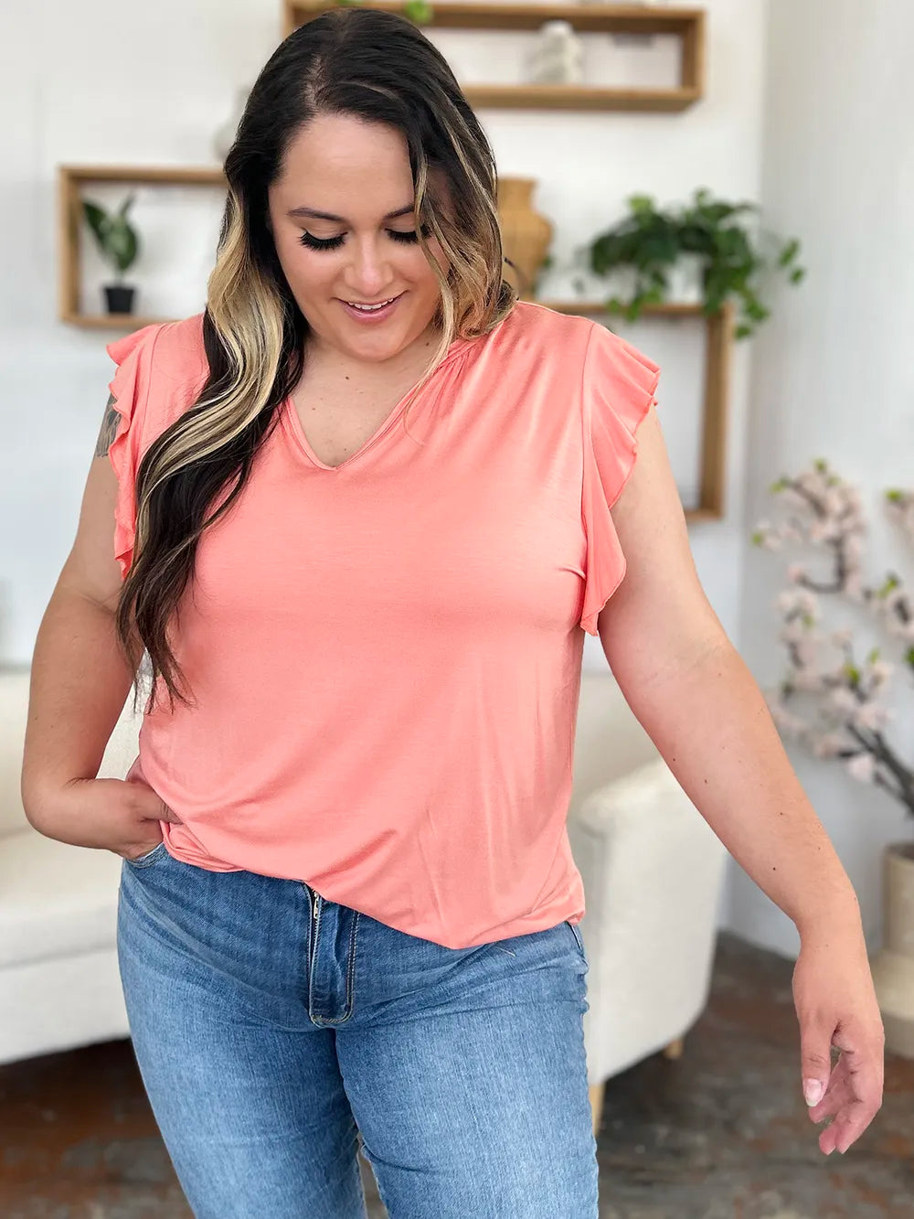 Basic Bae Full Size Bamboo Notched Ruffled Short Sleeve T-Shirt - Velora Luxury Fashion