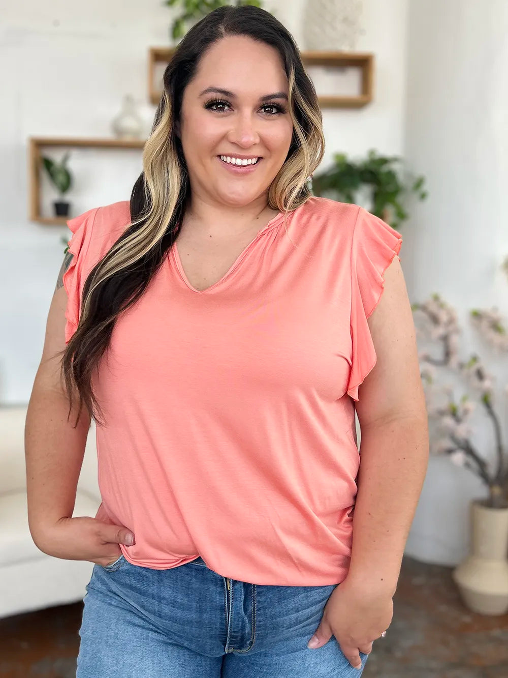 Basic Bae Full Size Bamboo Notched Ruffled Short Sleeve T-Shirt - Velora Luxury Fashion