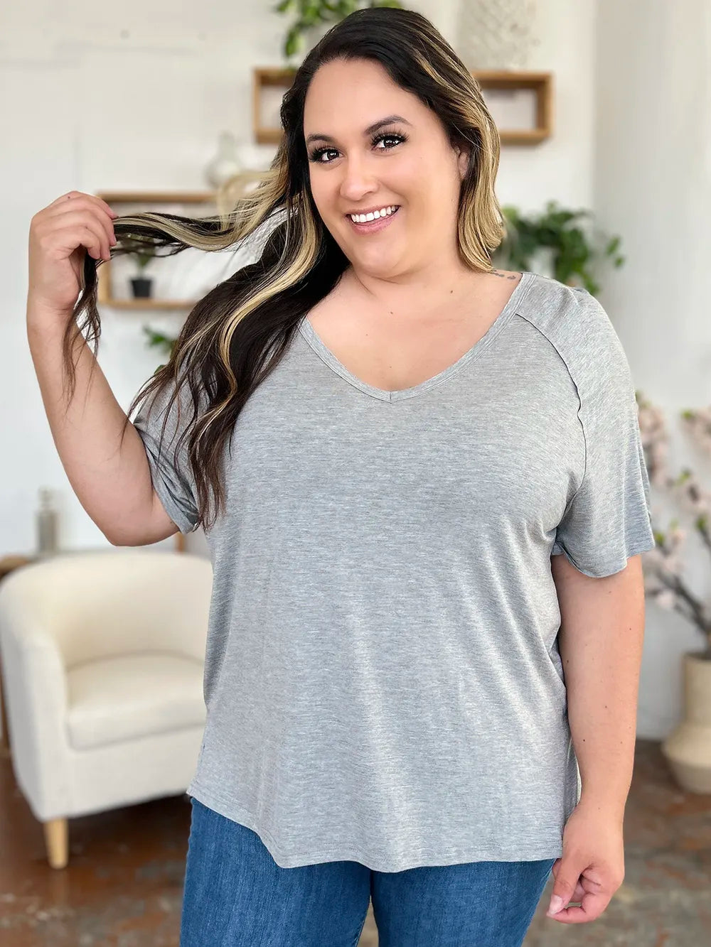 Basic Bae Full Size Bamboo Slit V-Neck Short Sleeve T-Shirt - Velora Luxury Fashion