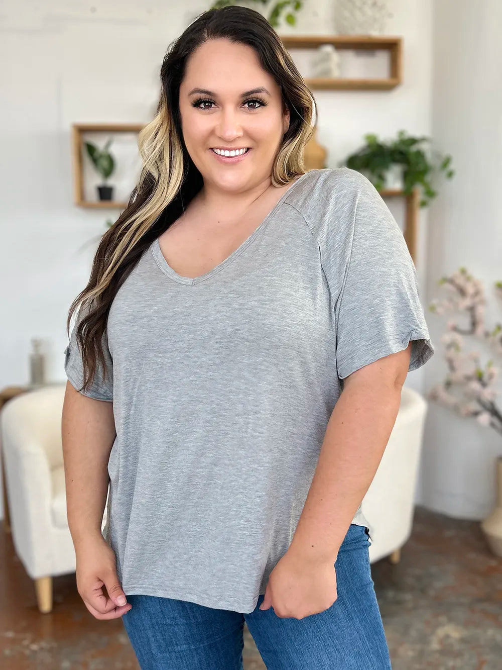 Basic Bae Full Size Bamboo Slit V-Neck Short Sleeve T-Shirt - Velora Luxury Fashion