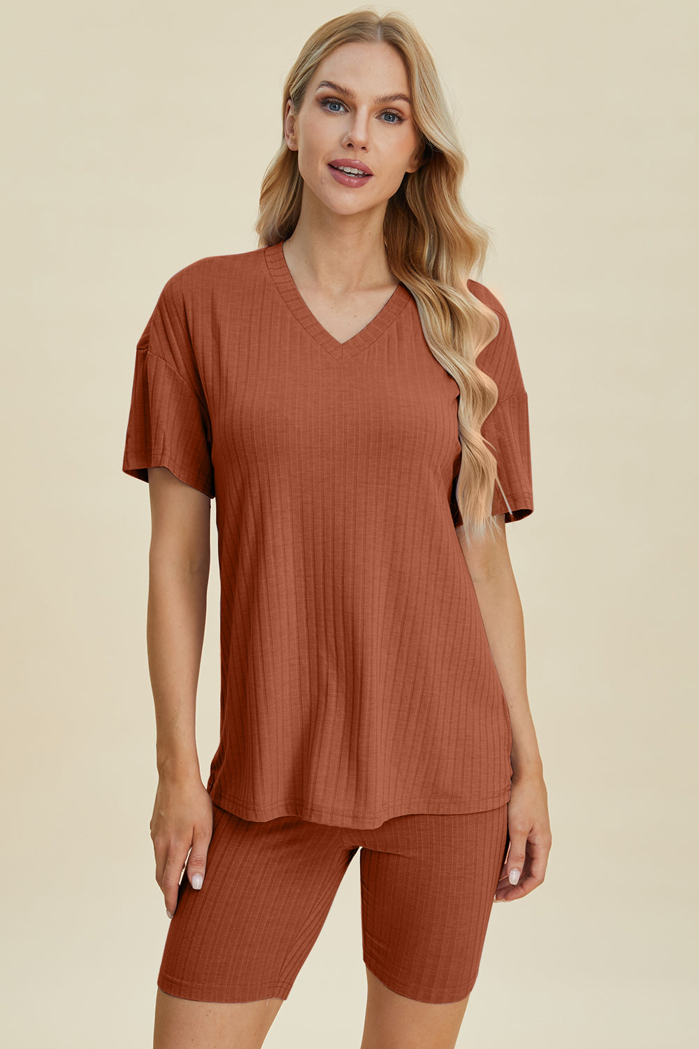 Basic Bae Full Size Ribbed V-Neck Short Sleeve Top and Shorts Set - Velora Luxury Fashion